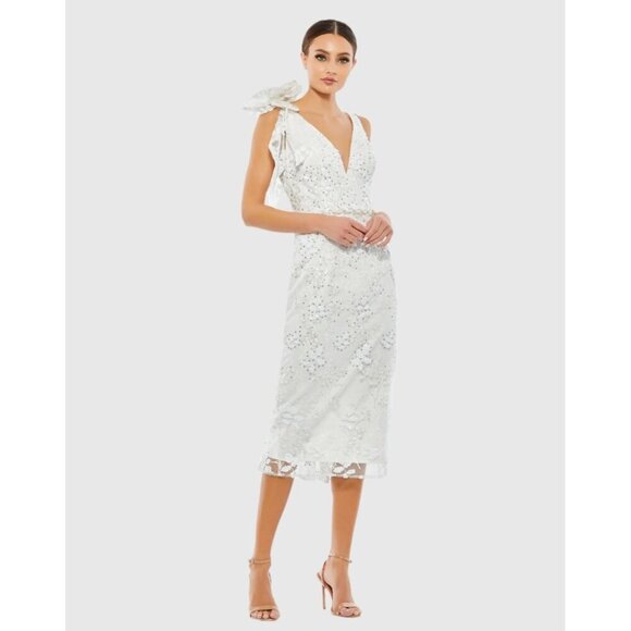 MAC DUGGAL Size 12 White Floral Embellished V-Neck Cocktail MIDI Dress Wedding